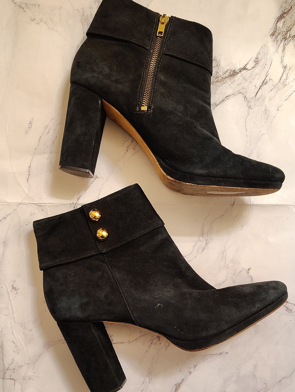 kate spade Black Suede Ankle Booties with Gold Zip & Button Accents